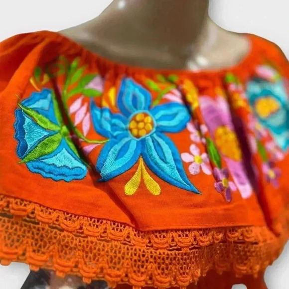 Campesino Oaxacan Mexican orange peplum tunic top w/Silk Embroidery-OS - Picture 5 of 7